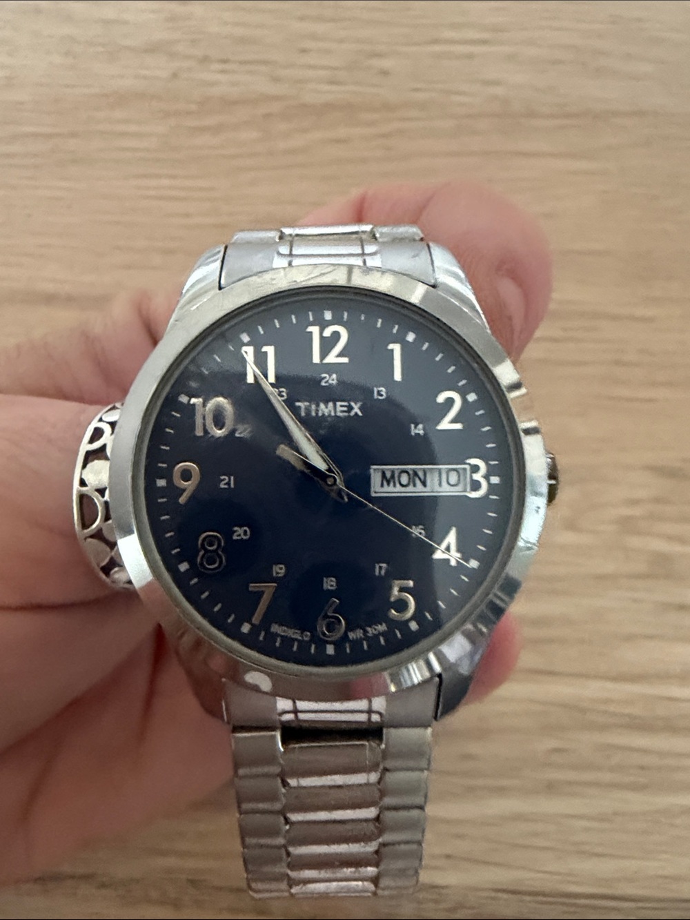 Timex Men's Silver Watch with Black Dial and Day-Date